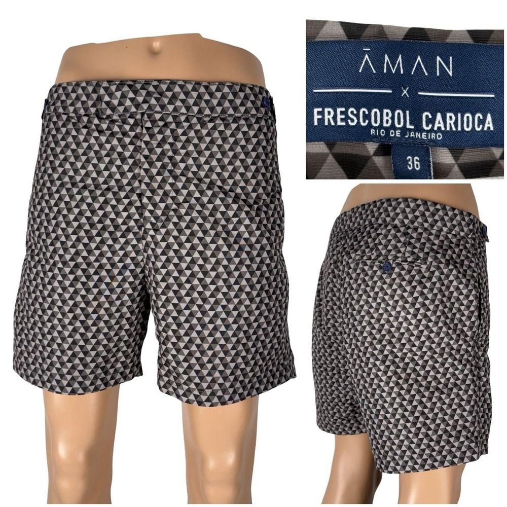Frescobol Carioca x Aman Mens 36 Shorts Printed Swim Brown Tan Lined Casual EUC